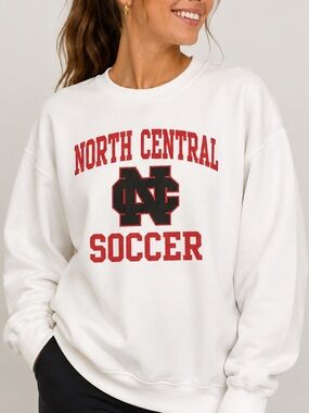 Gildan White Crewneck Sweatshirt with Red North Central Soccer Print